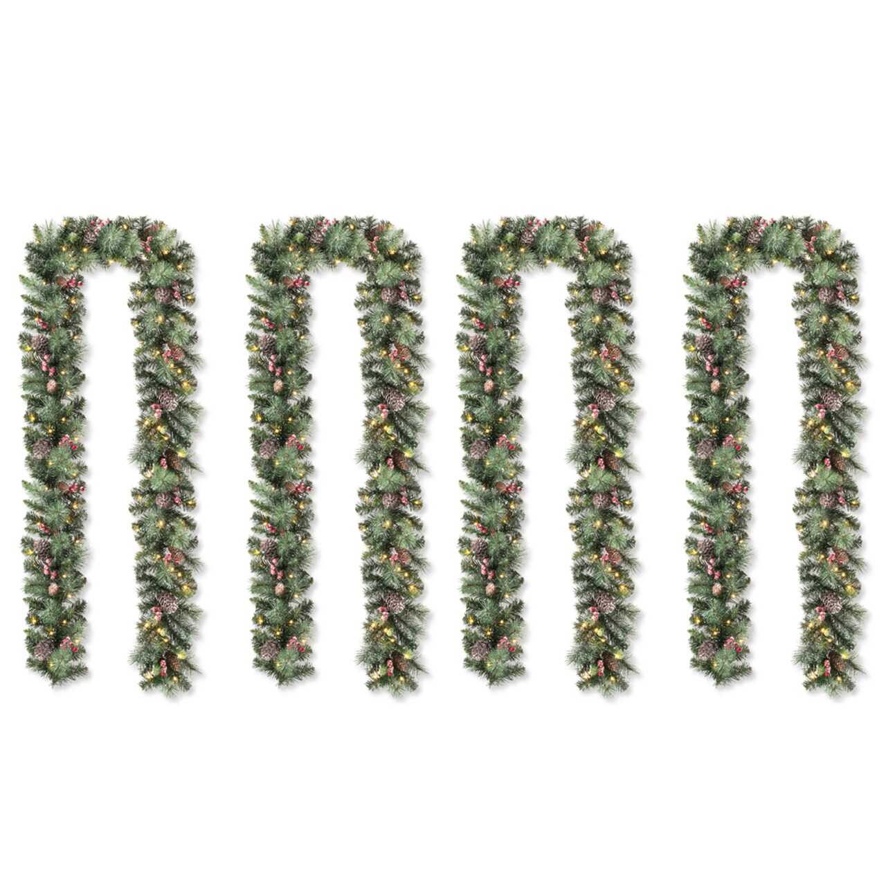 Set of 4 6ft Christmas Garlands, with Warm White LED Lights and Timer, Three Function